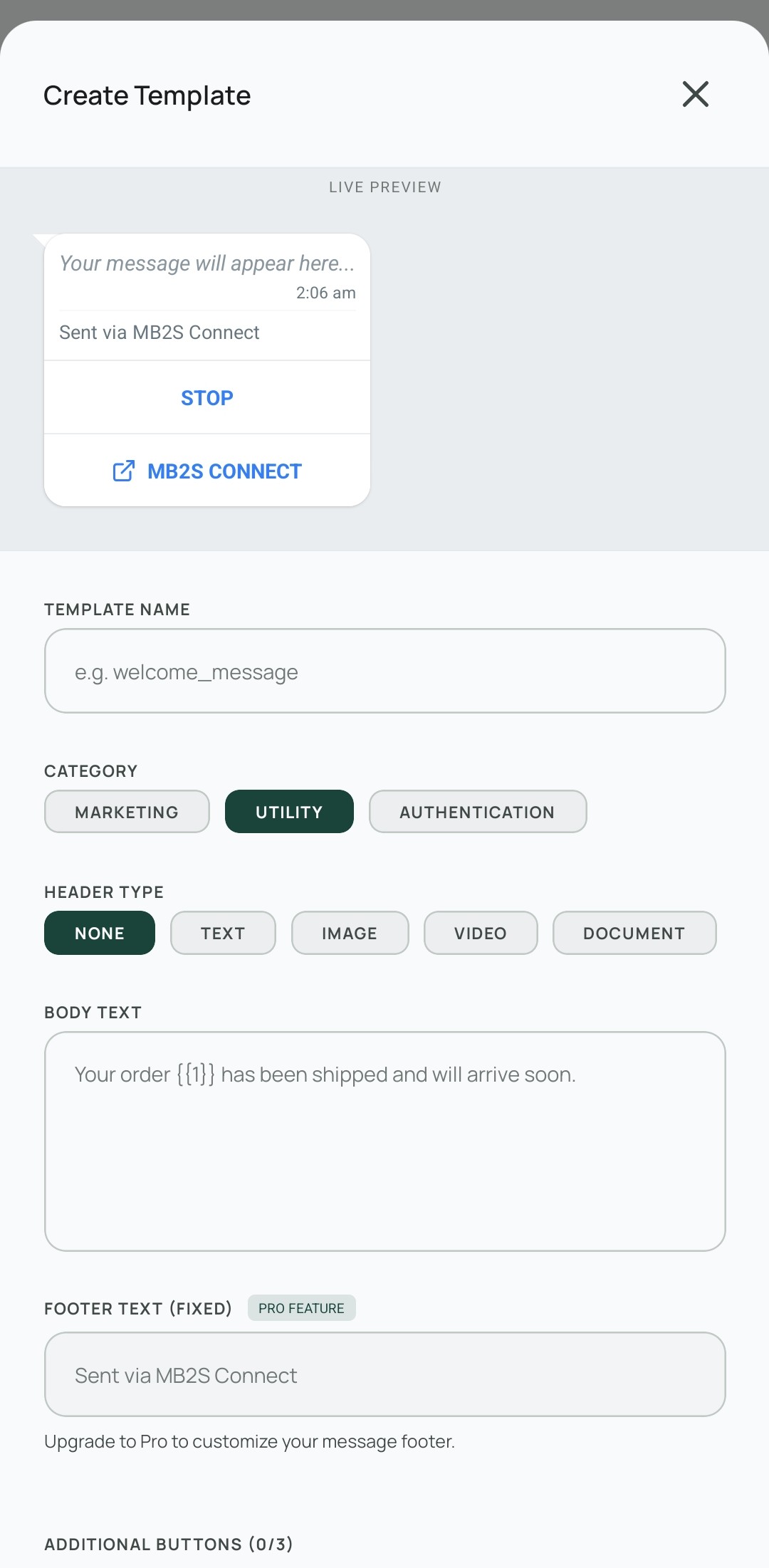 MB2S Connect workspace showing the campaign list with a template tab and a campaign builder prompt
