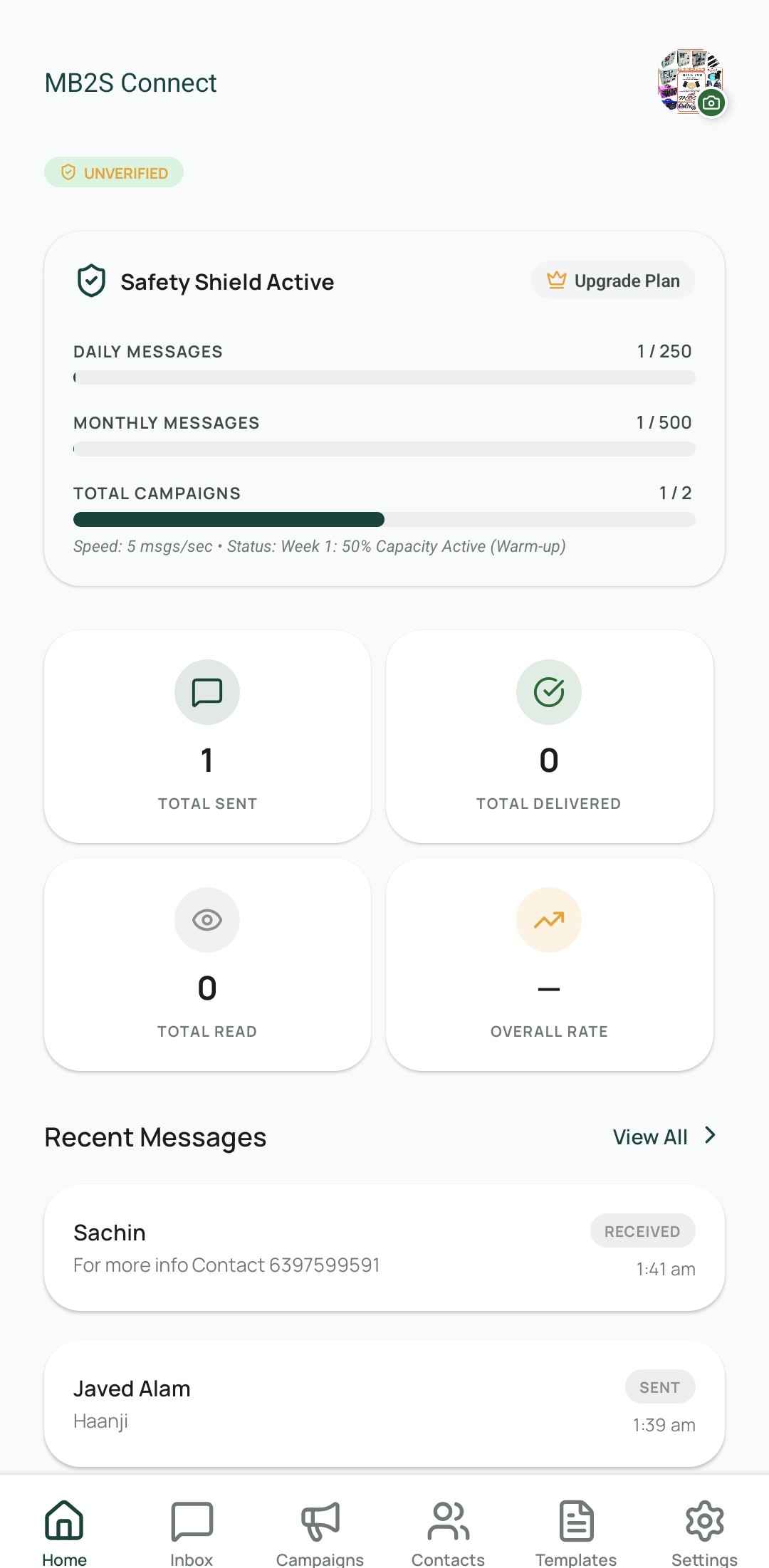 MB2S Connect dashboard showing sent, delivered, read and clicked totals with a delivery rate trend